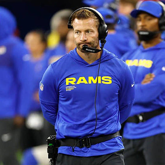 LA Rams blue performance hoodie t-shirt worn by Coach Sean McVay during the 2025 season.