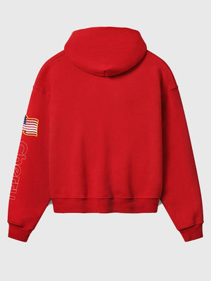 Recreated Cherry x Wrangler Los Angeles fleece pullover hoodie in red with America’s Favorite graphic