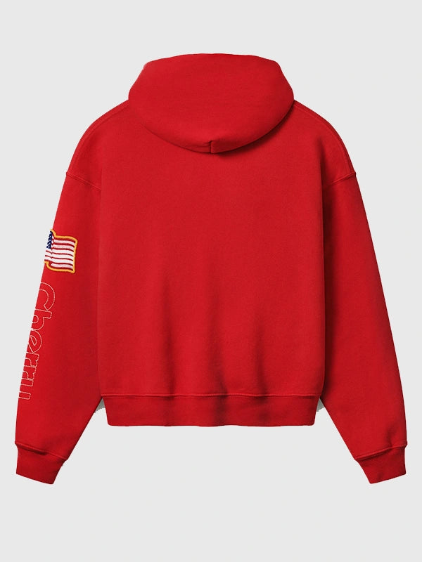 Recreated Cherry x Wrangler Los Angeles fleece pullover hoodie in red with America’s Favorite graphic