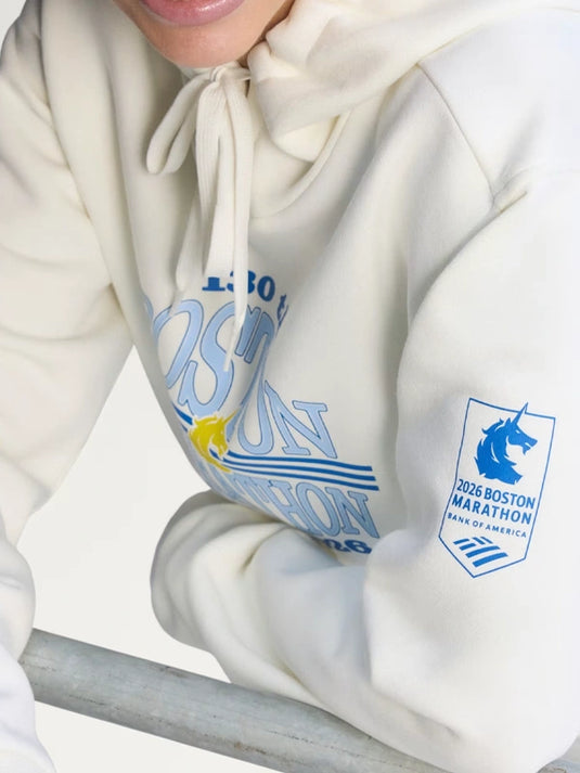 Off-white Adidas Boston Marathon 2026 pullover hoodie recreated with soft fleece fabric and marathon-inspired graphics