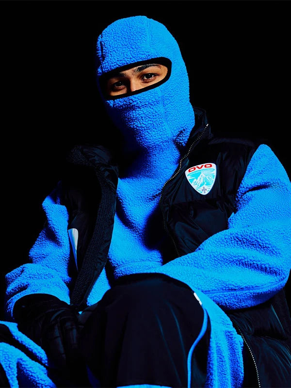 RECREATED OVO Winter Survival 2026 Balaclava Sherpa hoodie in blue with plush fleece and full coverage hood