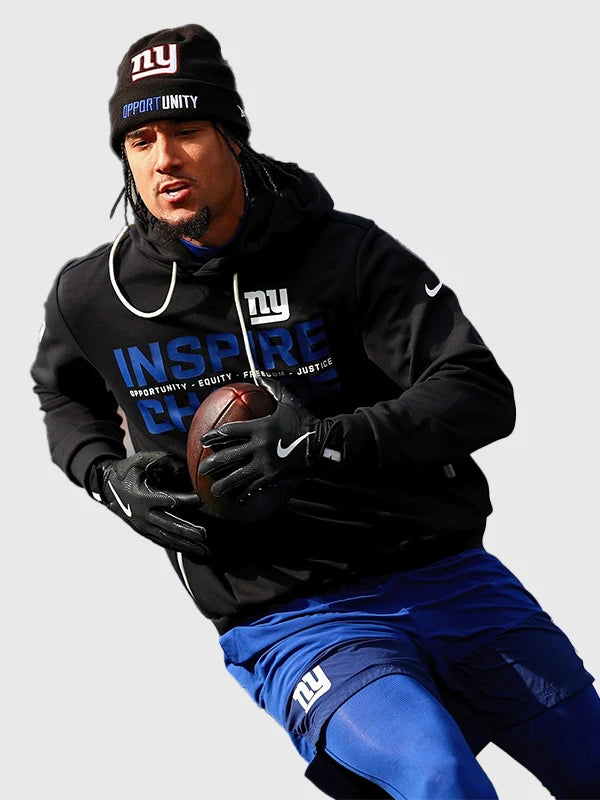 New York Giants Inspire Change 2025 black hoodie combining everyday comfort with written expression