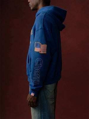 Recreated Cherry x Wrangler America’s Favorite Los Angeles hoodie in blue with soft fleece fabric