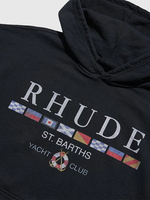 Black Rhude 2026 St. Barths Yacht Club Pullover Hoodie designed with premium fleece fabric and relaxed fit