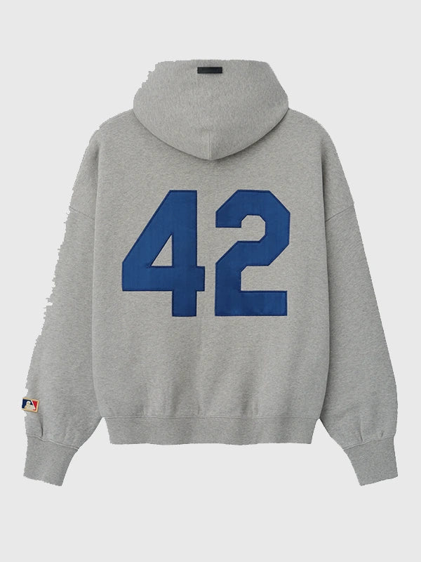 Grey Essentials Fear of God Jackie Robinson Day Merch Pullover Hoodie designed with oversized silhouette and clean front detailing