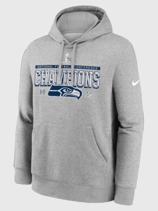 Heather grey pullover hoodie celebrating Seattle Seahawks 2025 NFC Champions locker room victory by Nike