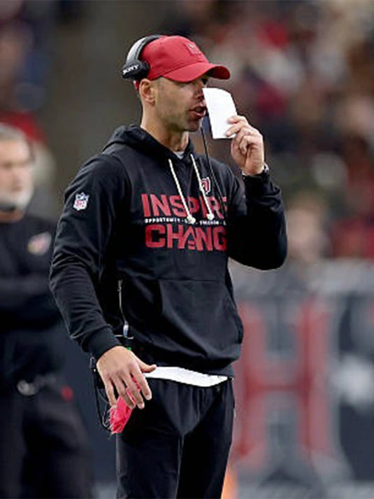 Black Jonathan Gannon Cardinals 2025 Nike sideline hoodie highlighting the Inspire Change theme and statement wording