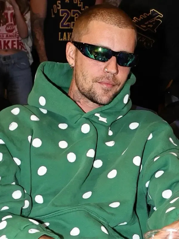 2026 Lakers game Justin Bieber green fleece pullover hoodie designed with cozy midweight construction and casual silhouette