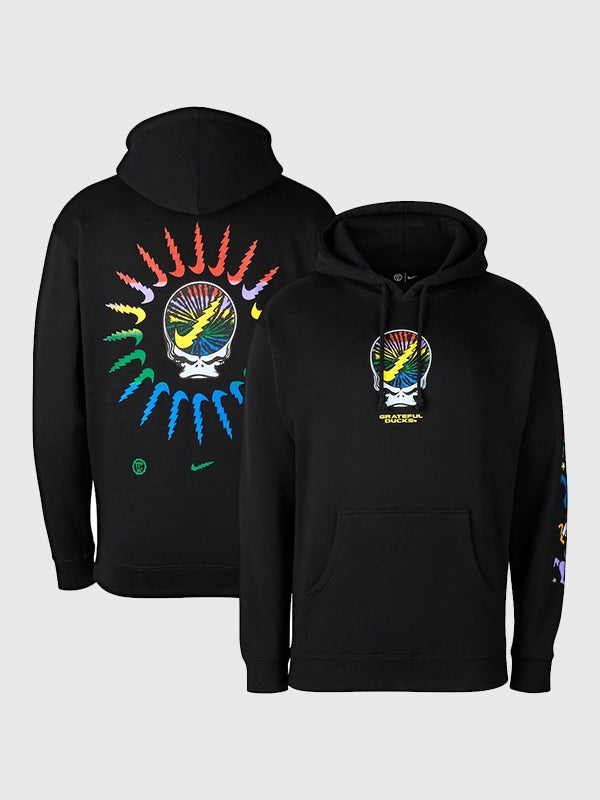 Recreated Nike Oregon Ducks Grateful Ducks Rainbow Spiral fleece pullover hoodie in black with vibrant swirl graphic and soft brushed interior