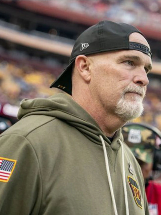 Washington Commanders 2025 Salute to Service Olive Green Fleece Hoodie featuring embroidered military-inspired patches.