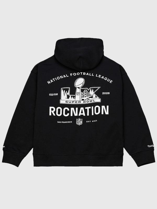 Black Roc Nation x Paper Planes Super Bowl LX 2026 fleece hoodie recreated with a soft interior and eye-catching printed design inspired by the event.