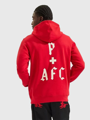 RECREATED Red Arsenal Adidas x Places + Faces 2025/26 Fleece Pullover Hoodie crafted from warm fleece material with a relaxed hooded fit