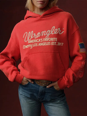 Red fleece pullover hoodie inspired by Cherry x Wrangler featuring Los Angeles lettering and America’s Favorite text