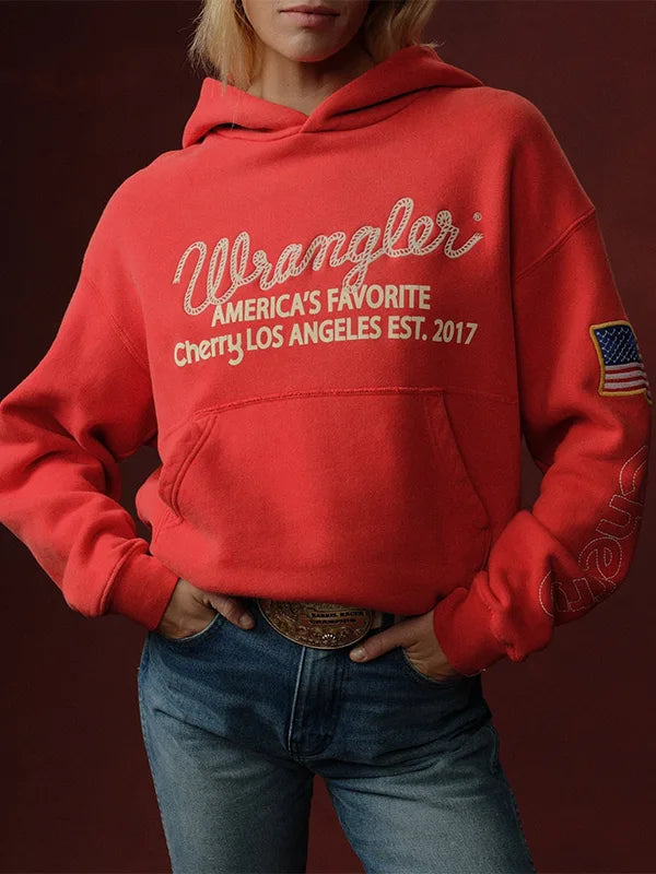 Red fleece pullover hoodie inspired by Cherry x Wrangler featuring Los Angeles lettering and America’s Favorite text