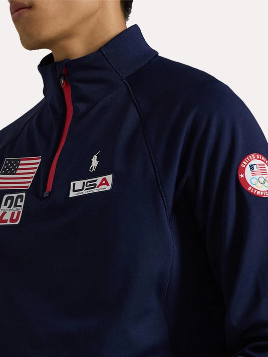 Navy quarter zip fleece pullover jacket by Polo Ralph Lauren featuring Team USA Milano Cortina 2026 Winter Olympics inspired styling