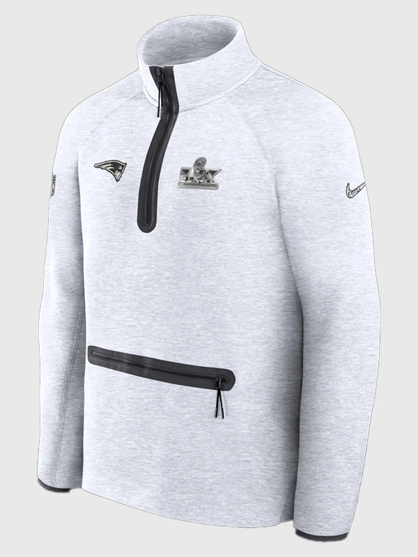 Nike Tech Fleece jacket in heather grey celebrating the Patriots’ Super Bowl LX Opening Night, recreated with a relaxed fit and premium fleece fabric.