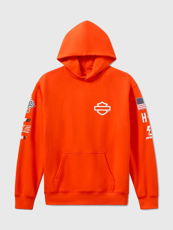 Recreated Harley Davidson Factory Racing fanwear fleece pullover hoodie in orange with bold racing-inspired graphics and soft brushed interior