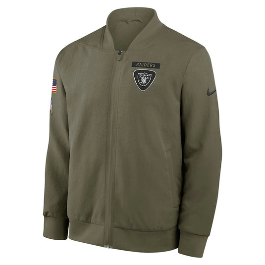 Las Vegas Raiders Nike 2025 olive green Salute to Service Sideline bomber jacket with sleek zip-up design and military-inspired detailing.
