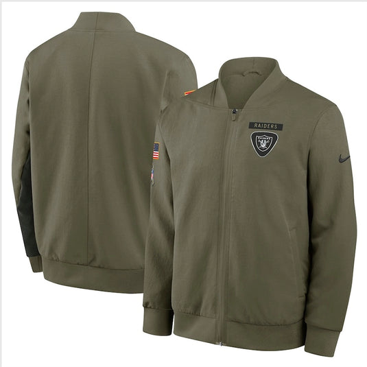 Nike Las Vegas Raiders 2025 olive green Salute to Service Full-Zip bomber jacket with ribbed cuffs and subtle team graphics.