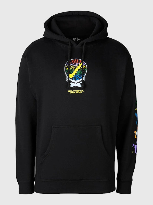 Recreated black Oregon Ducks Rainbow Spiral hoodie offering cozy fleece lining and standout multicolor design
