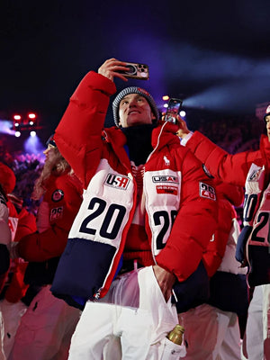 Recreated Milano Cortina 2026 Winter Olympics Polo Ralph Lauren Team USA closing ceremony hooded puffer jacket in red and white with bold patriotic color block