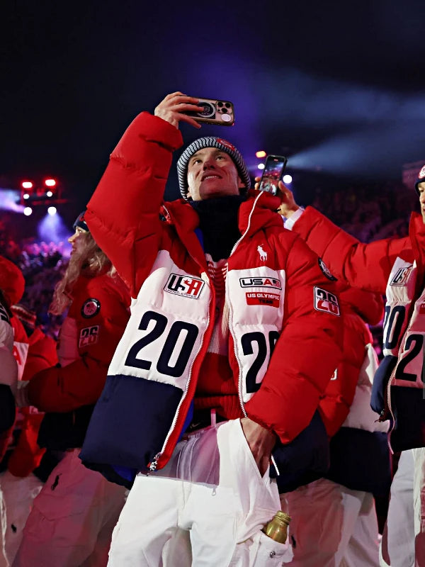 Recreated Milano Cortina 2026 Winter Olympics Polo Ralph Lauren Team USA closing ceremony hooded puffer jacket in red and white with bold patriotic color block