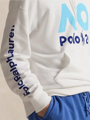 White unisex fleece pullover hoodie recreated from Polo Ralph Lauren Australian Open 2026 collection with clean styling