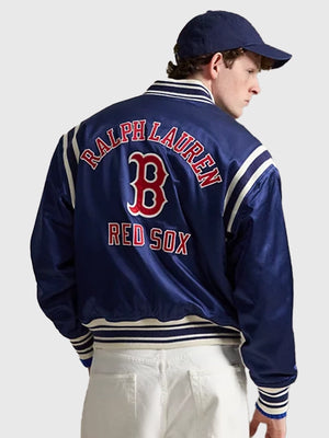 Recreated Ralph Lauren Boston Red Sox satin varsity bomber jacket from MLB Collection with bold team graphics