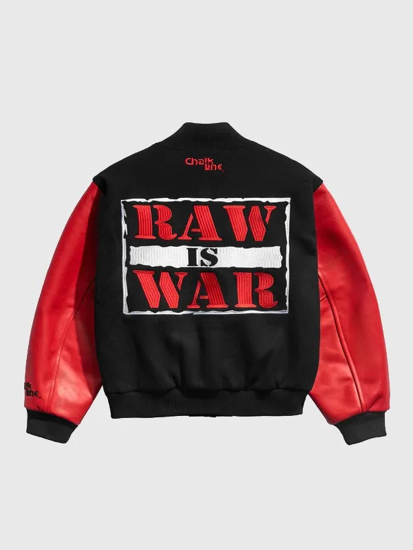 Recreated Raw Is War Chalk Line varsity jacket featuring bold wrestling-inspired graphics and contrast sleeve detailing