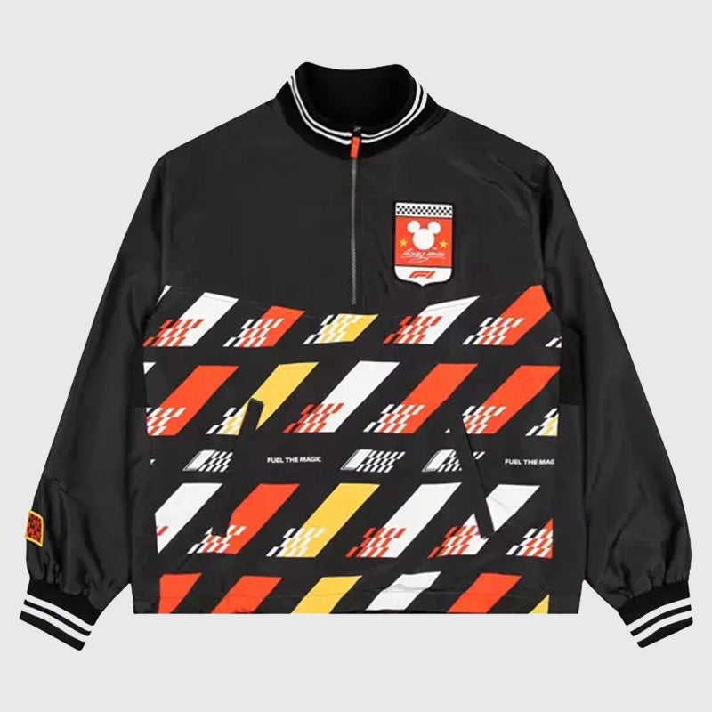 Recreation Disney x Formula 1 black windbreaker jacket featuring lightweight water-resistant fabric.