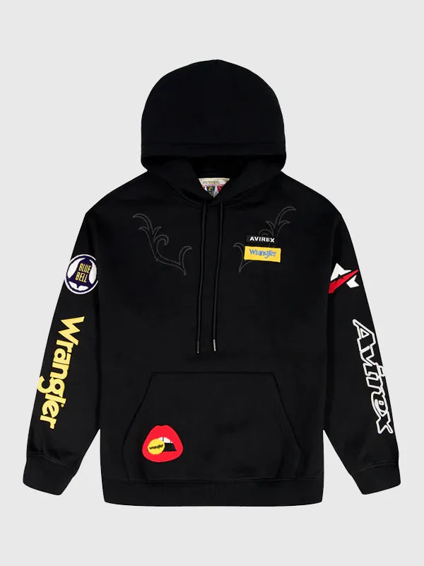 Recreated Wrangler x Avirex 2026 pullover fleece hoodie in black featuring soft interior lining and classic drawstring hood