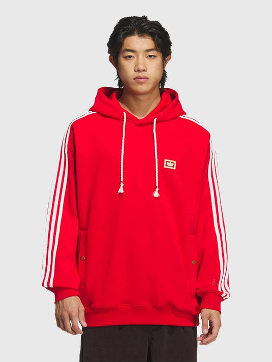 RECREATED Adidas Lunar New Year SS26 hoodie in black and red featuring soft fleece fabric and relaxed pullover fit