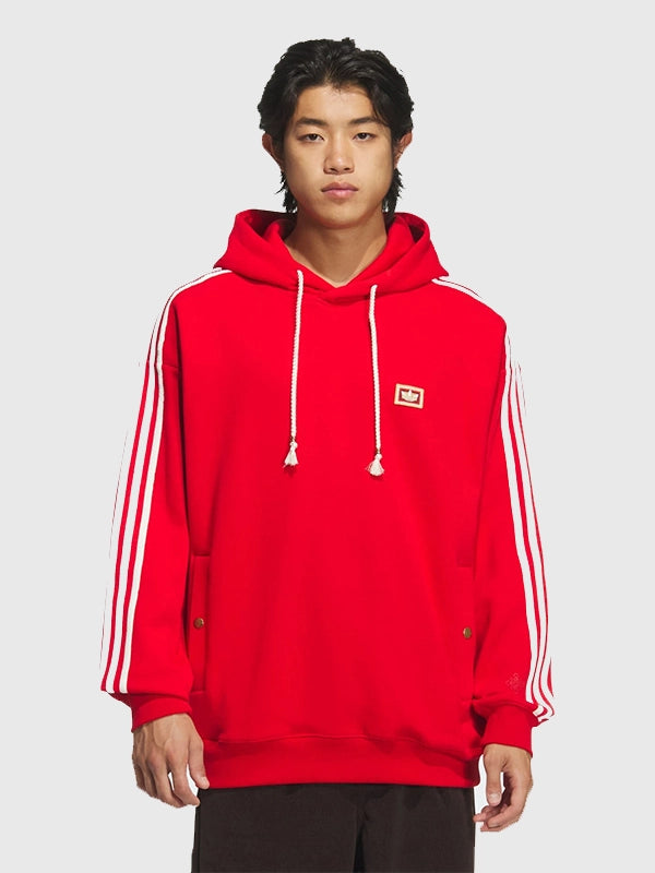 RECREATED Adidas Lunar New Year SS26 hoodie in black and red featuring soft fleece fabric and relaxed pullover fit