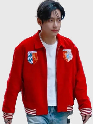 RECREATED Kim Taehyung Red Wool Bode Wenham Jacket designed with a comfortable fit and stylish vintage-inspired appeal