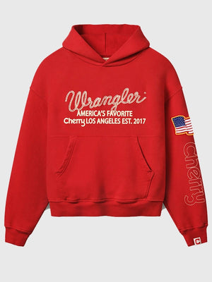 Recreated Cherry x Wrangler America’s Favorite Los Angeles hoodie in red with soft fleece construction