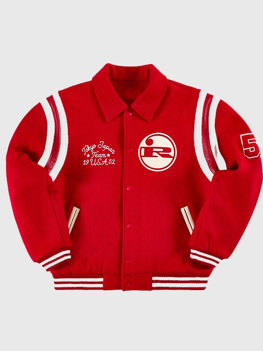 Golf Wang x Marty Supreme 2025 Rockwell wool varsity jacket in red highlighting a bold colorway and classic varsity design