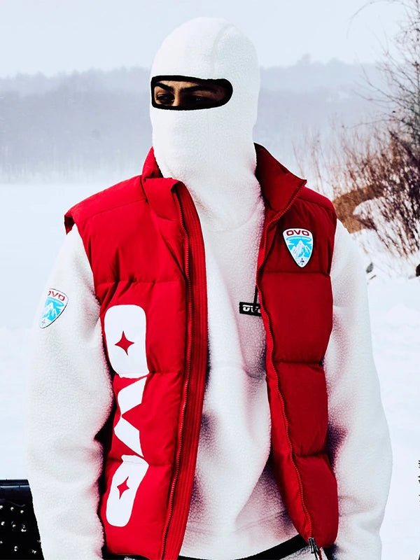 October's Very Own RECREATED 2026 Alpine Bounce red vest designed for warmth and streetwear appeal