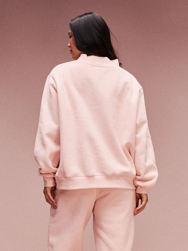RECREATED Parke Valentine’s 2026 varsity mockneck fleece sweatshirt in pale pink with a smooth interior finish