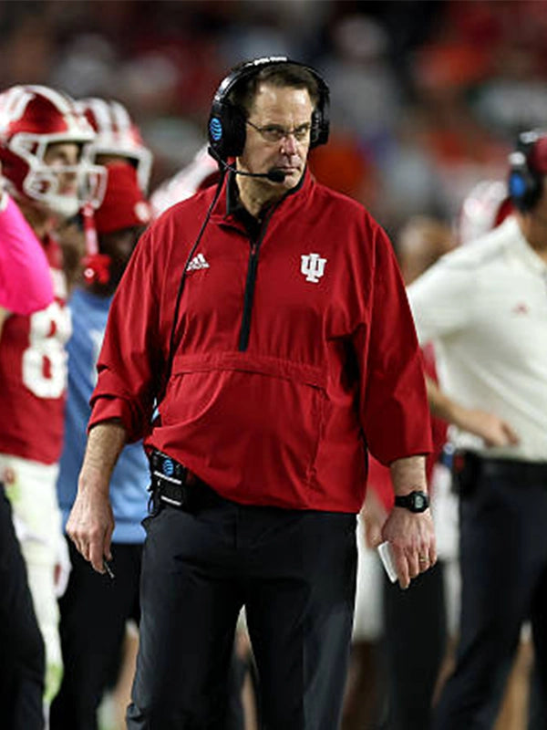 Red short sleeve 1/4 zip jacket recreated for Indiana Hoosiers coaches with Adidas performance styling