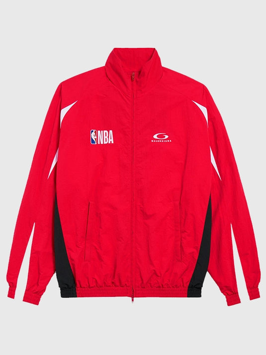 Red full zip track jacket from NBA x Balenciaga 2026 featuring a relaxed unisex fit and statement athletic styling