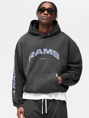 Fanatics x Represent Los Angeles Rams Hoodie featuring minimalist design, ribbed trims, and everyday comfort-focused construction