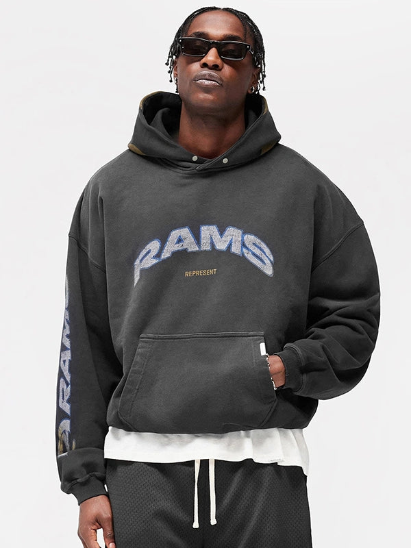 Fanatics x Represent Los Angeles Rams Hoodie featuring minimalist design, ribbed trims, and everyday comfort-focused construction