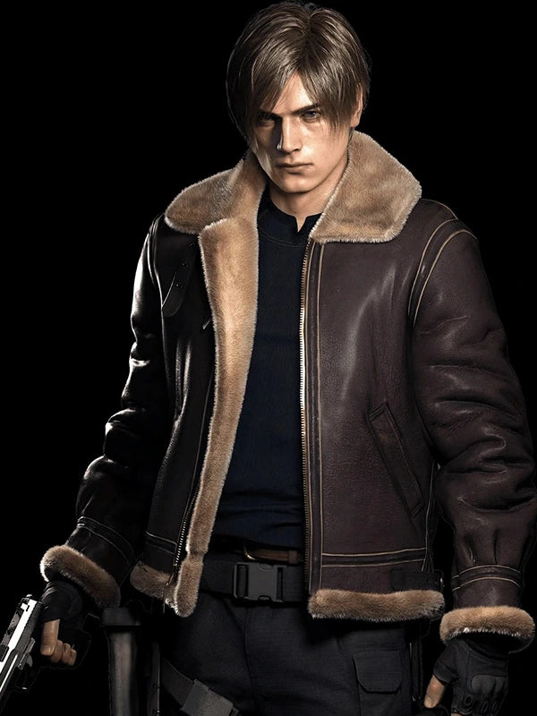 Leon Kennedy classic B-3 sheepskin leather bomber jacket inspired by Resident Evil 4 Remake with rugged aviator-style detailing