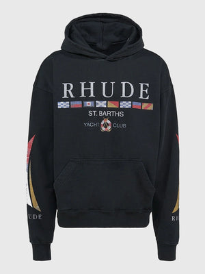 Rhude 2026 St. Barths Yacht Club Black Pullover Fleece Hoodie featuring bold front graphics and soft brushed interior