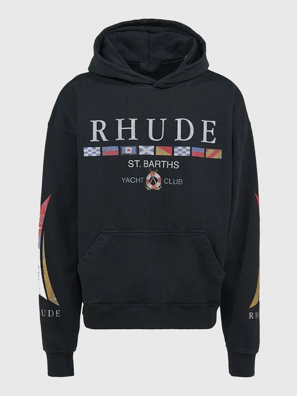 Rhude 2026 St. Barths Yacht Club Black Pullover Fleece Hoodie featuring bold front graphics and soft brushed interior