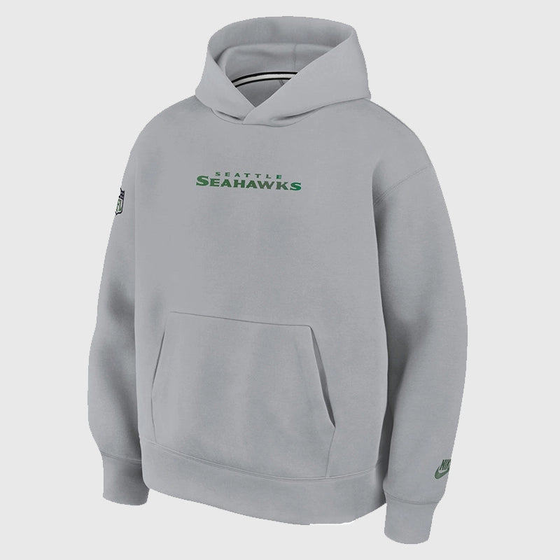 Nike 2025 Rivalries Seattle Seahawks grey tech fleece hoodie showcasing a roomy fit and minimal athletic style.