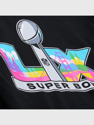 Recreated black t-shirt from the Roc Nation x Paper Planes Super Bowl LX 2026 drop, featuring a structured crewneck and bold contemporary graphic motifs.