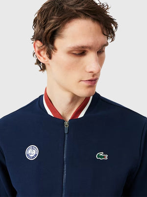 RECREATED Unisex Lacoste x Roland-Garros 2026 Ballboy Bomber Jacket in Navy combining modern sportswear design with sleek outerwear styling