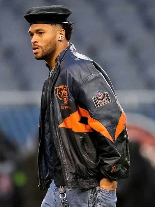 RECREATED unisex Chicago Bears leather jacket in black with Wild Card Playoffs details and premium finish