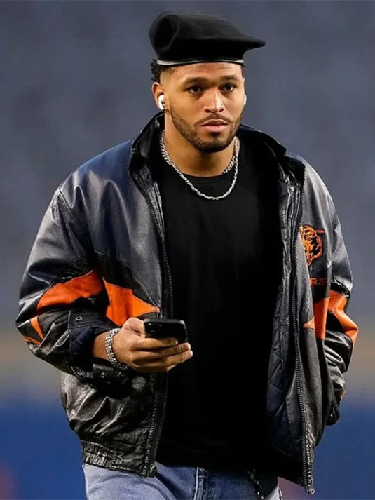 RECREATED Roschon Johnson Chicago Bears Wild Card Playoffs black leather jacket with classic fit